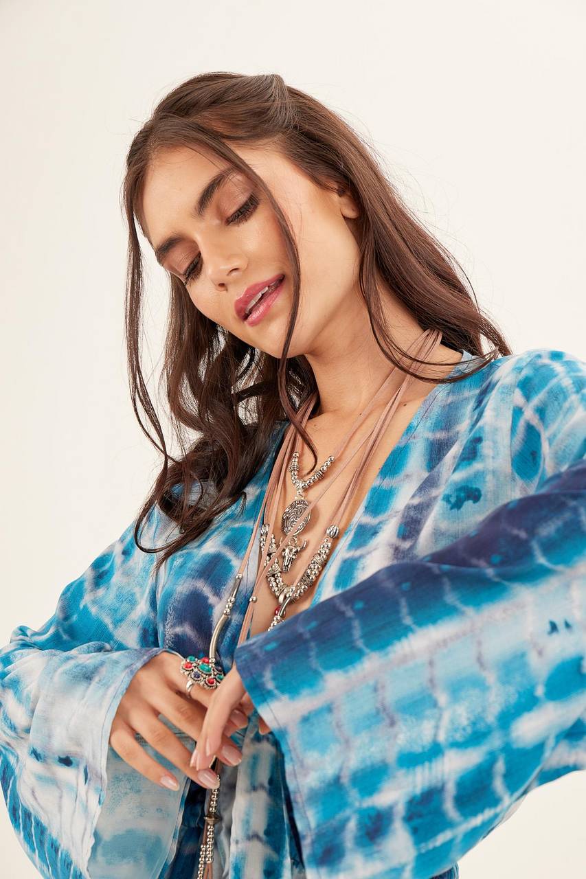 Women's Blue Digital Tie Dye Front Tie Romper Yacamim