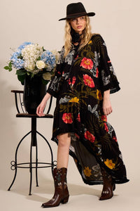 Yacamim C18 Printed Black Mullet Dress with Fringed Cuffs and Hem