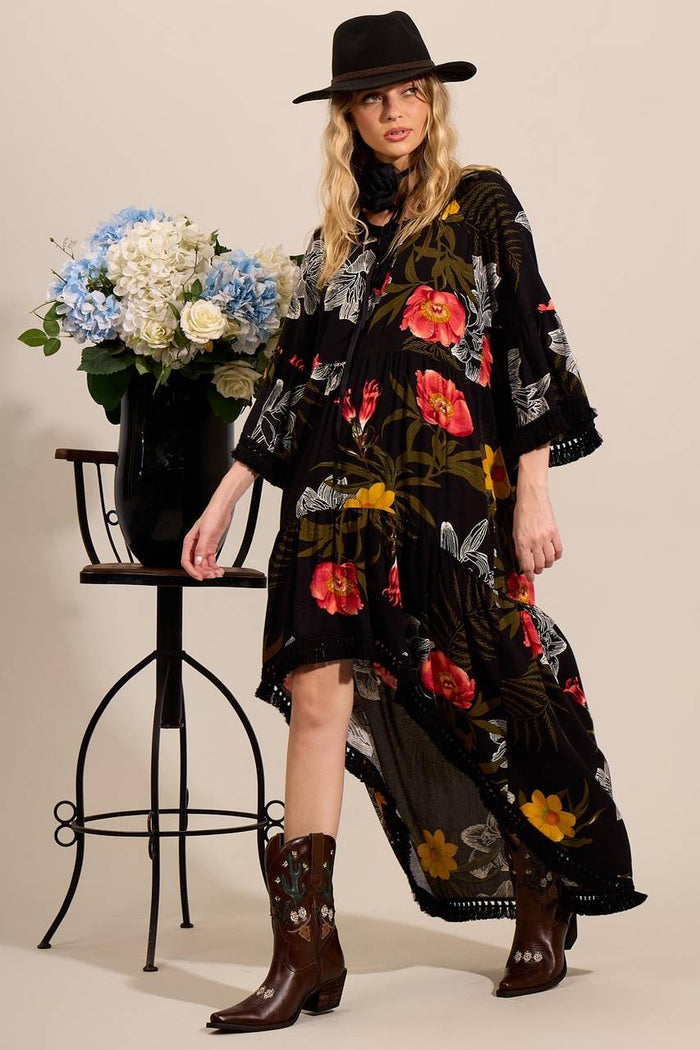 Yacamim C18 Printed Black Mullet Dress with Fringed Cuffs and Hem