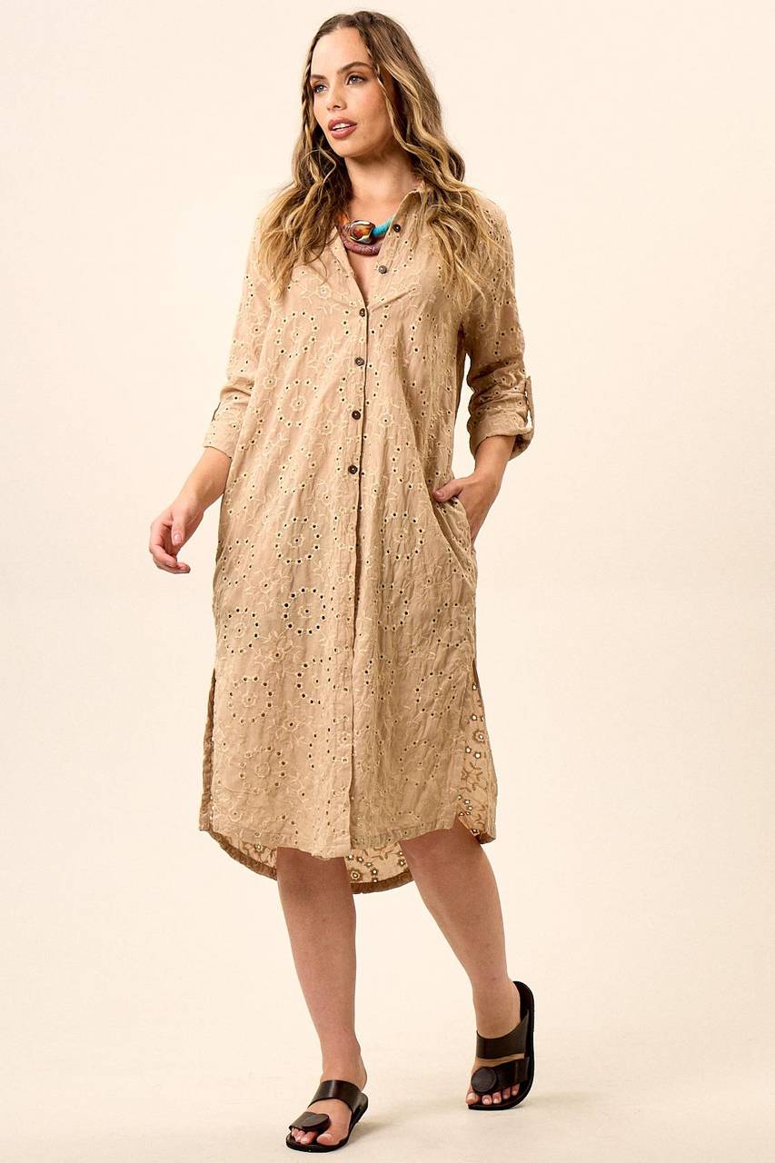 Dark Beige Embroidered Midi Shirt Yacamim N2