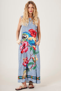 Blue Sleeveless Long Dress with Macaw Print Yacamim C7