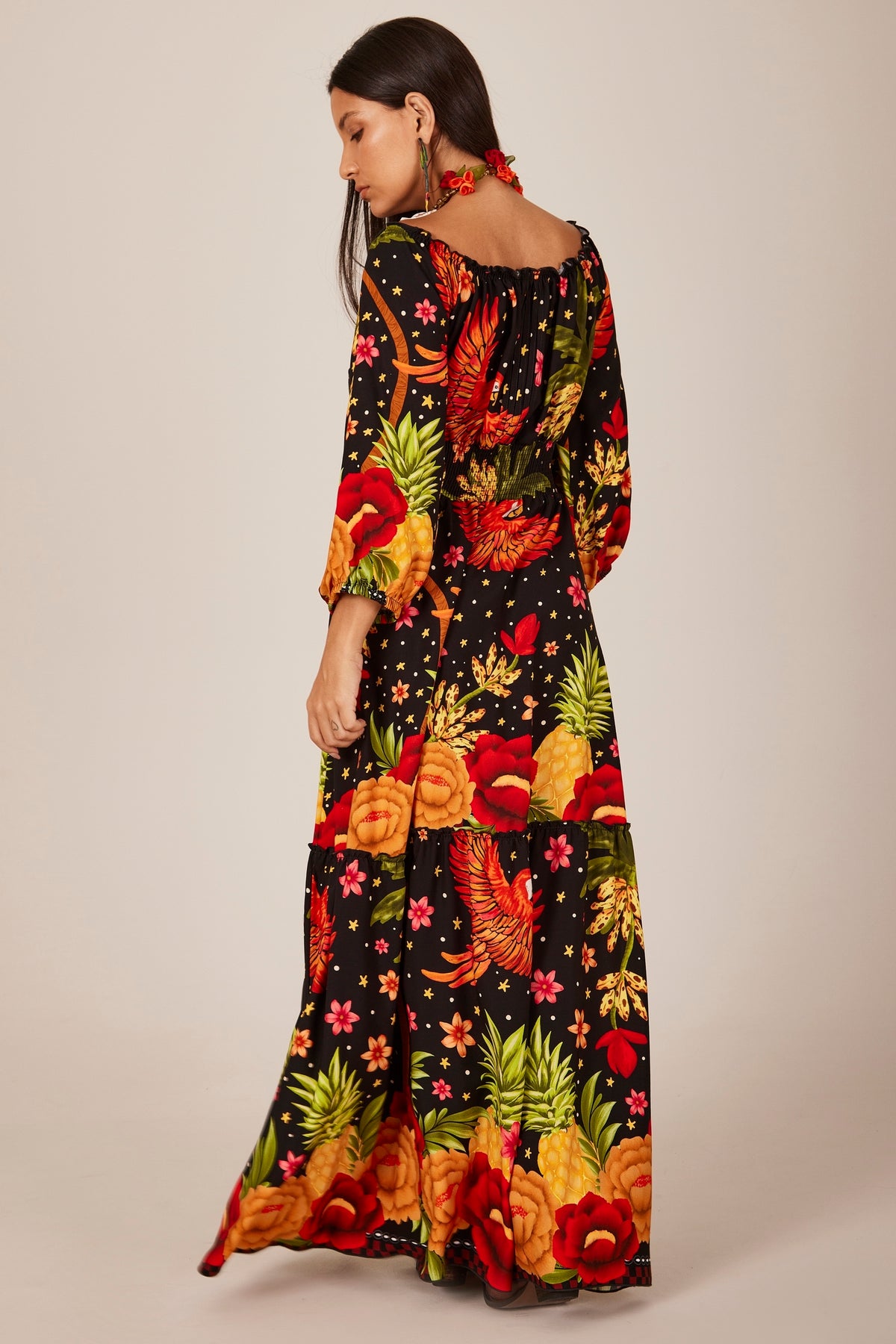Yacamim E27 Black Printed Long Dress with Smocked Waist