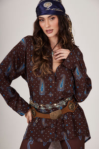 Camisa Marrom Escuro Estampa Paisley Azul Yacamim A29