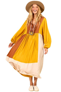 Yacamim Yellow Midi Dress with Puffed Long Sleeves <br />