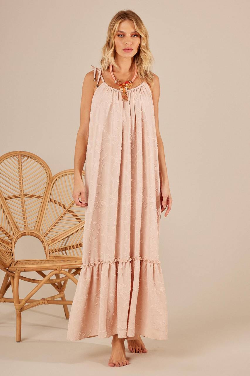 Yacamim Light Pink Textured Long Dress with Straps