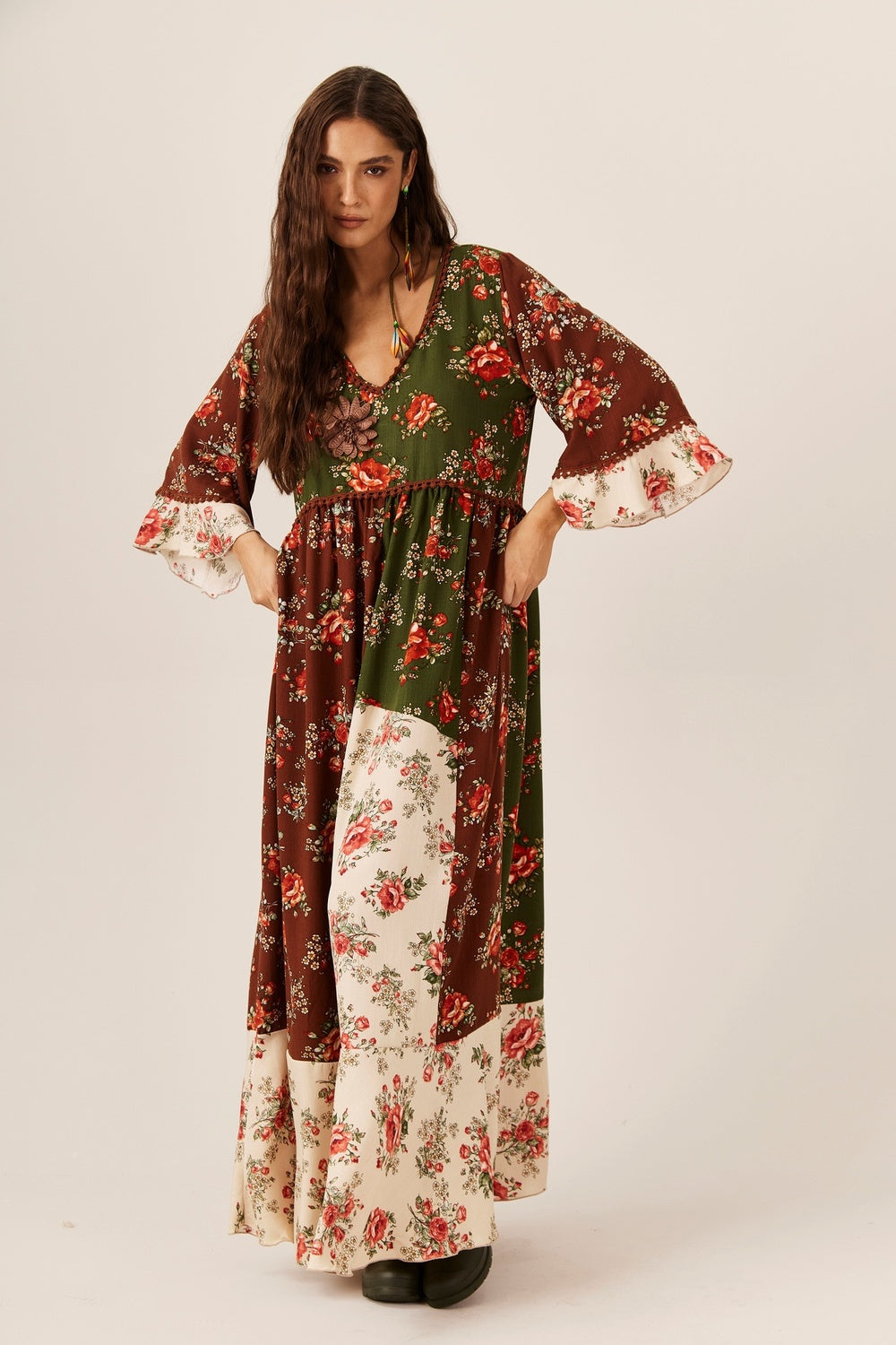 Yacamim Burgundy Patchwork Long Dress with Crochet Appliqués E19
