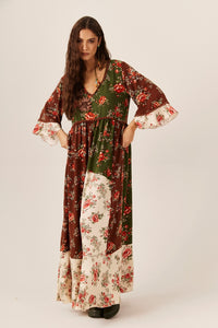 Yacamim Burgundy Patchwork Long Dress with Crochet Appliqués E19