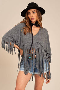 Women's Beach Cover-Up with Fringes Dark Gray Mélange Yacamim I5
