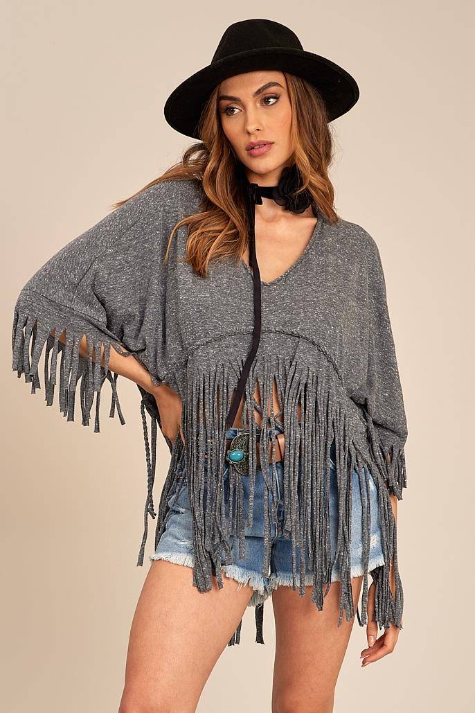 Women's Beach Cover-Up with Fringes Dark Gray Mélange Yacamim I5