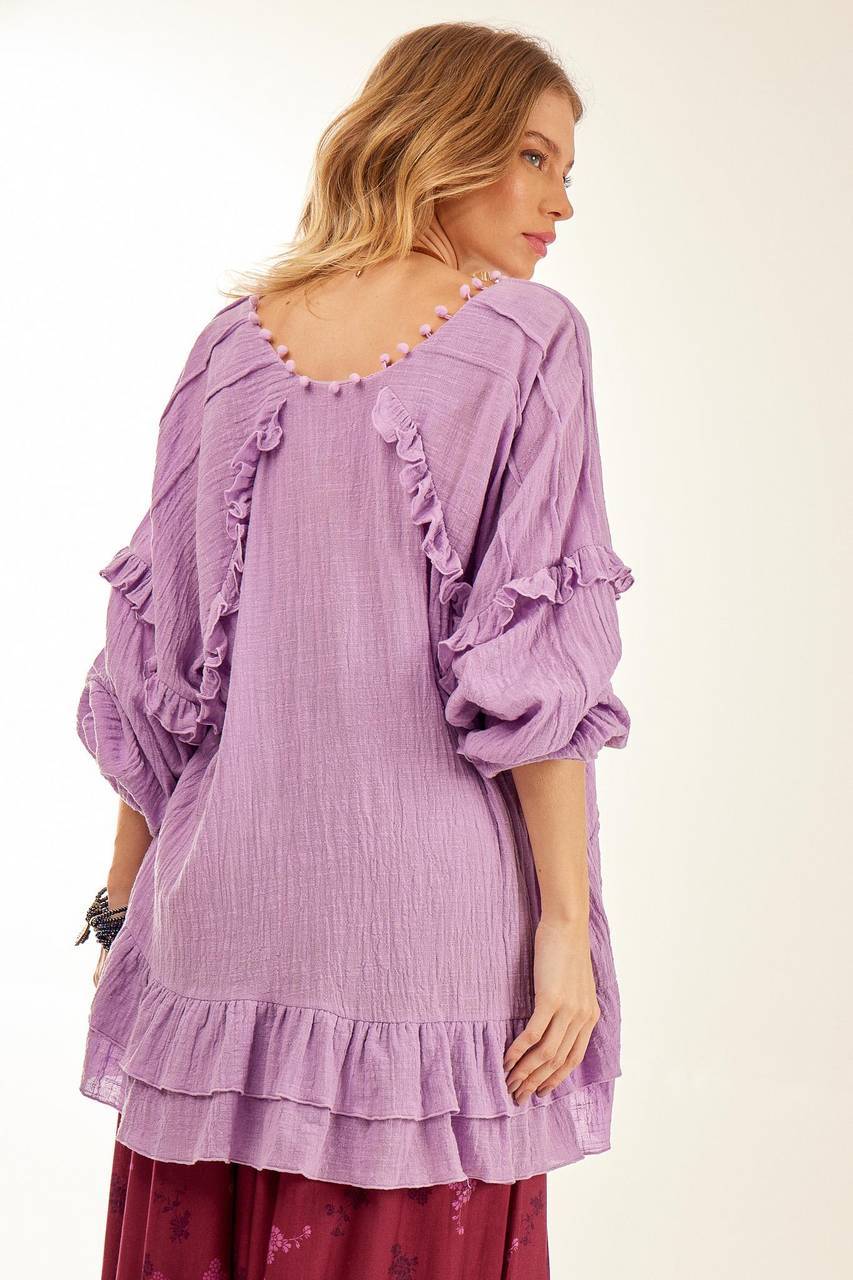 Yacamim Lilac B13 Wide Tunic with Long Puffy Sleeves