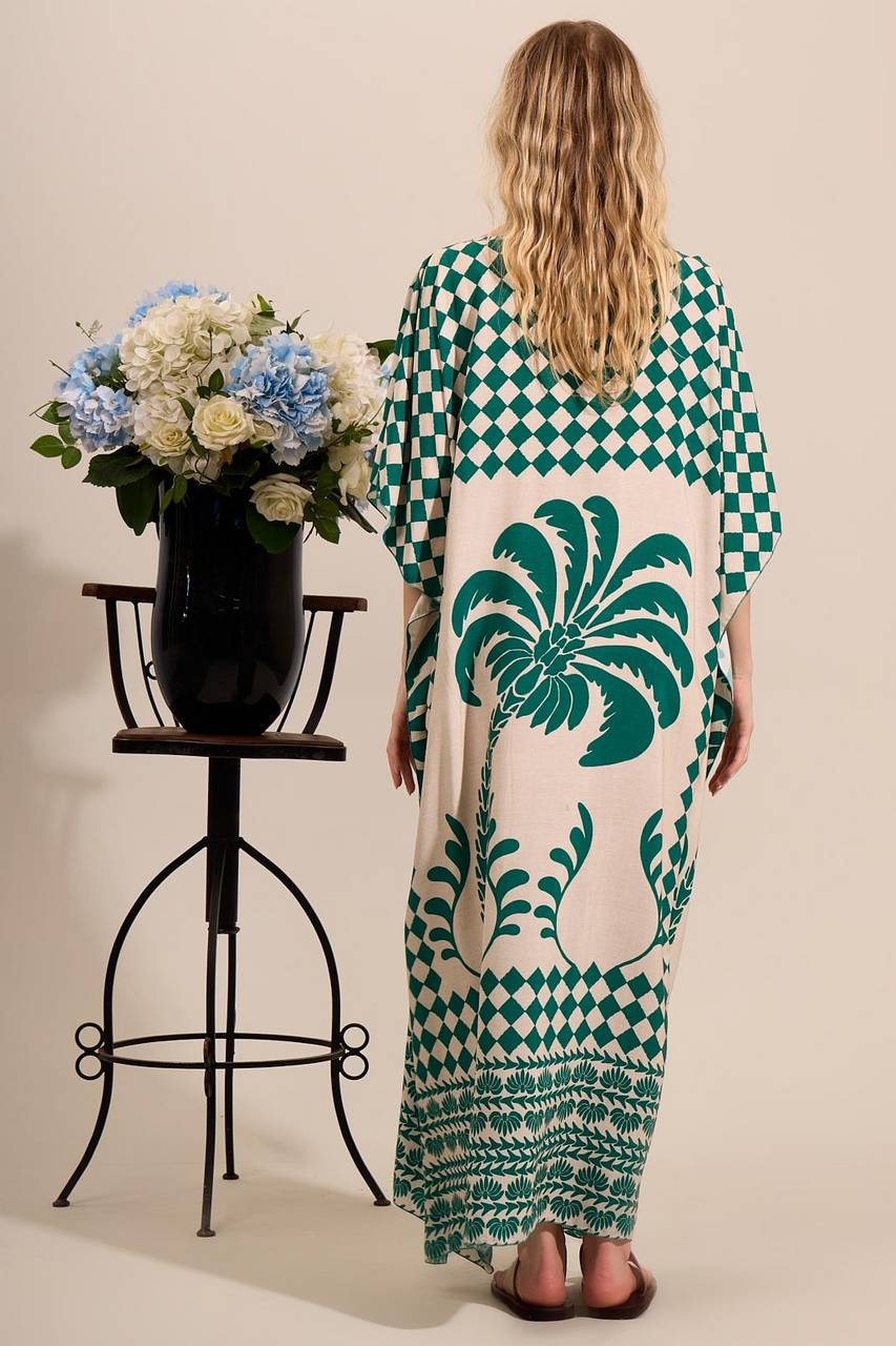 Yacamim J2 Wide Long Canoe Neck Green Printed Kaftan