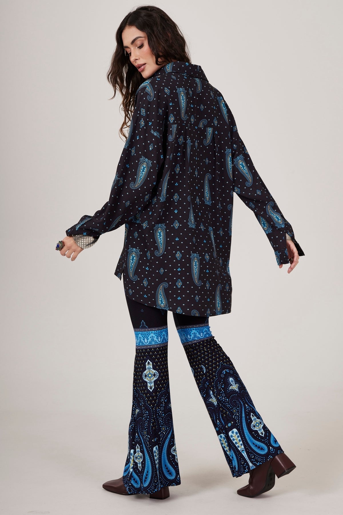 Navy Blue Flare Pants with Cashmere Print Yacamim A26