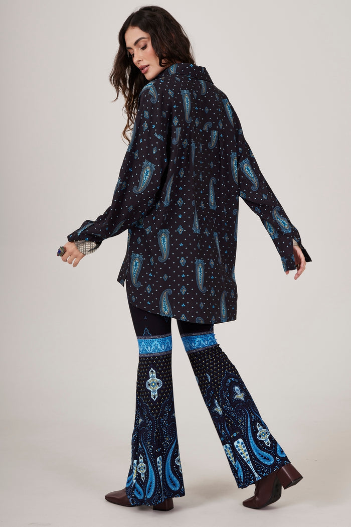 Navy Blue Flare Pants with Cashmere Print Yacamim A26