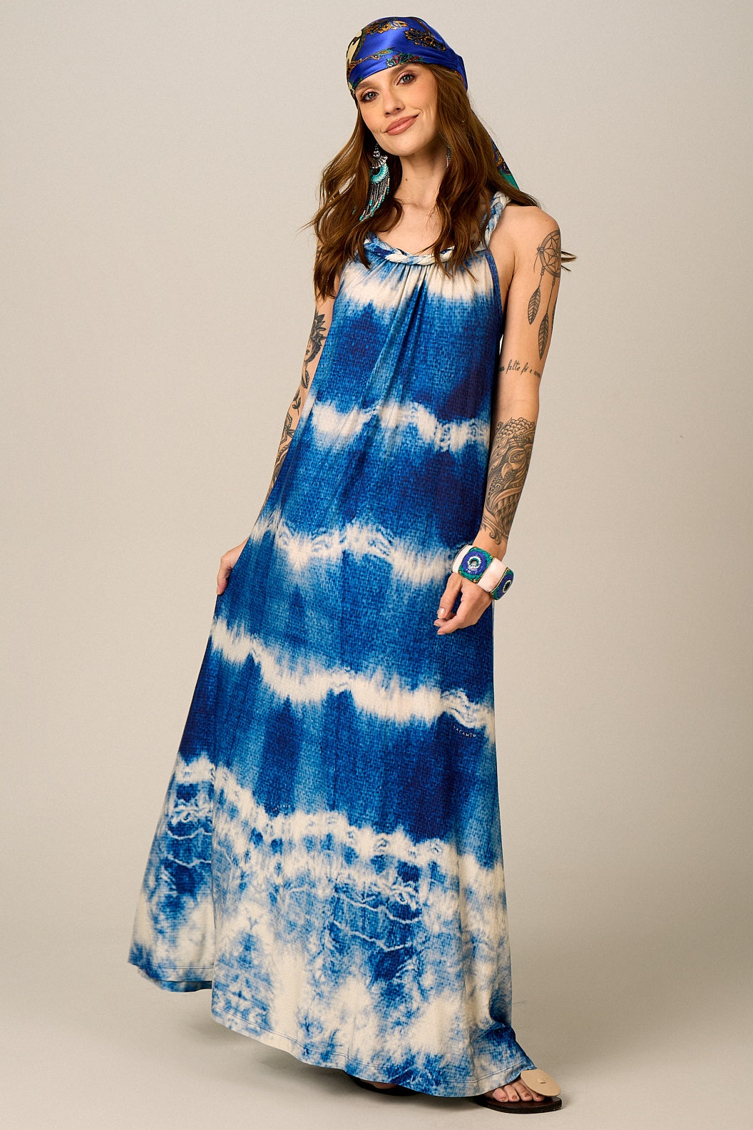 Yacamim D7 Blue Tie-Dye Digital Print Racerback Maxi Dress