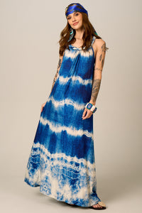 Yacamim D7 Blue Tie-Dye Digital Print Racerback Maxi Dress