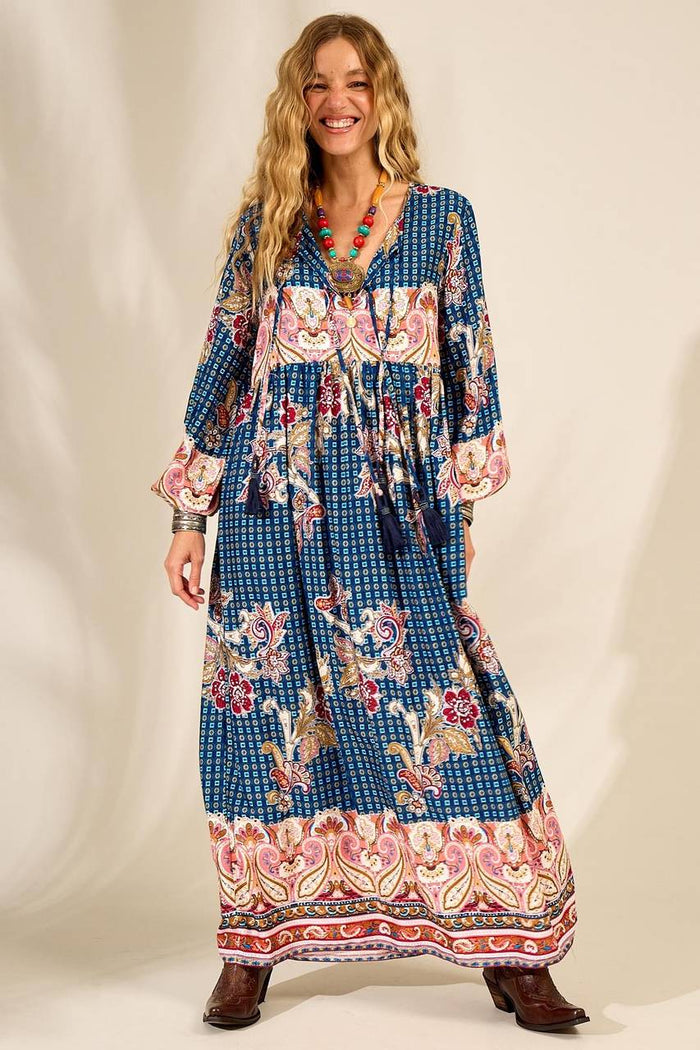 Long Blue Paisley Print Puffed Sleeve Dress Yacamim E2