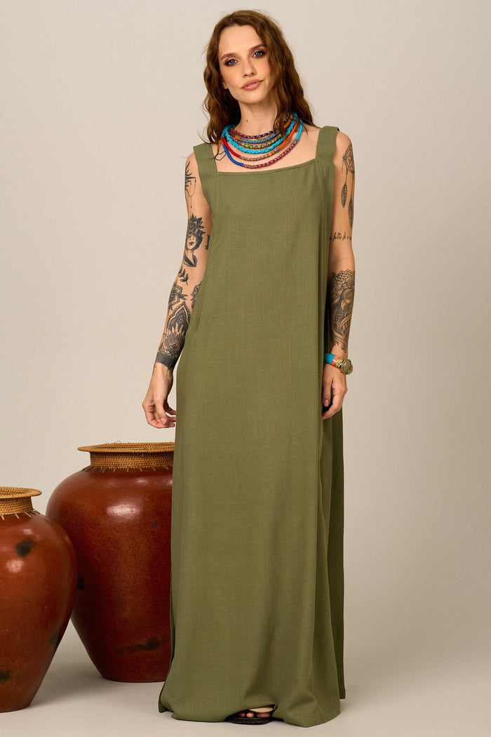 Yacamim D10 Green Long Dress with Wide Straps and Slits