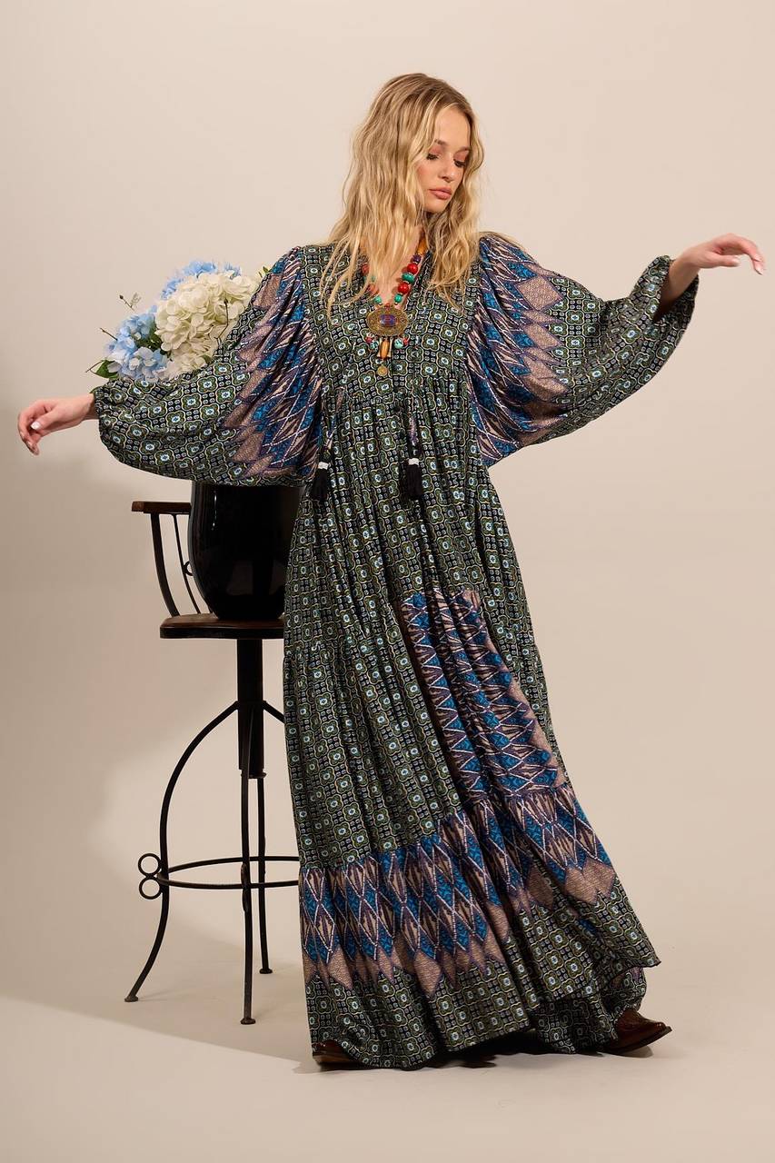 Yacamim Green Patchwork Long Shirt Dress with Puffed Long Sleeves