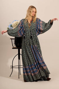 Yacamim Green Patchwork Long Shirt Dress with Puffed Long Sleeves