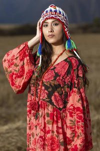 Yacamim Patchwork Pink Long Dress with Puffy Long Sleeves