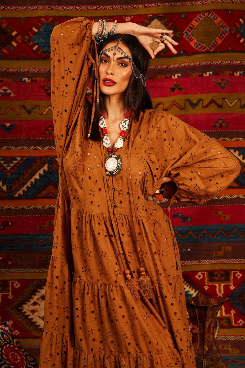 Yacamim Brown Broderie Long Dress with Puff Sleeves and V-Neck