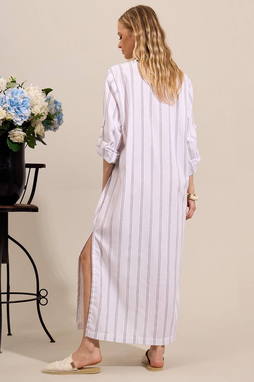 Yacamim N3 Striped White Long Sleeve Linen Shirt Dress