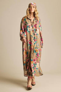 Yacamim N6 Printed Brown Long Shirtdress with Pockets
