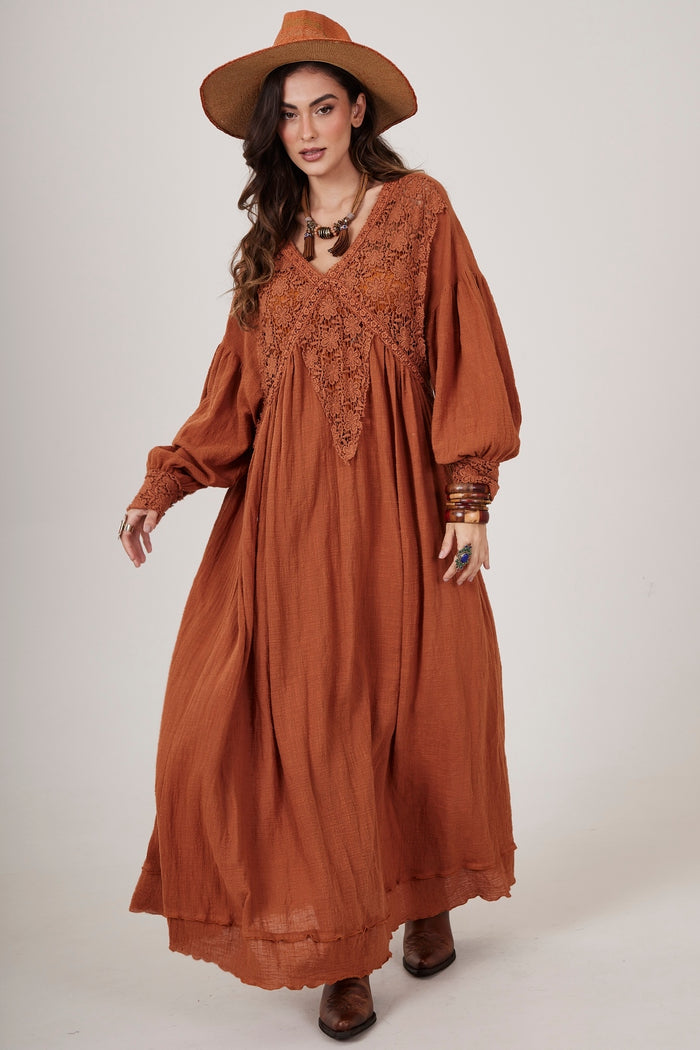 Yacamim Brown D16 Plain Long Dress with Lace and Crochet