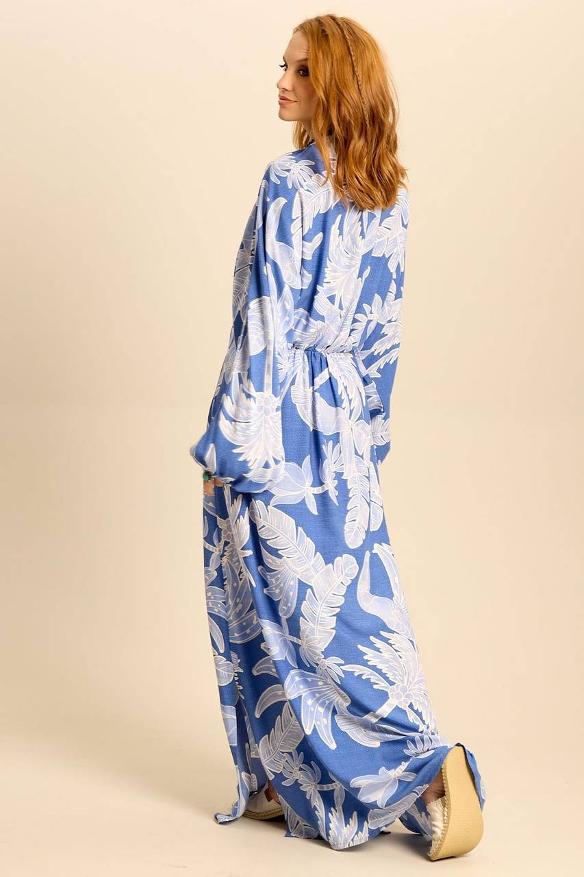 Yacamim E12 Blue Feather Print V-Neck Long Dress