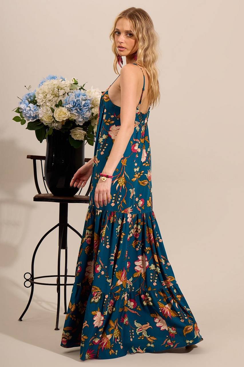 Yacamim Printed Blue Long Dress with Adjustable Straps and Ruffles