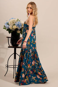 Yacamim Printed Blue Long Dress with Adjustable Straps and Ruffles