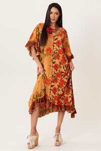 Kaftan Midi Com Mangas 3/4 Marrom Claro Patchwork Yacamim J4