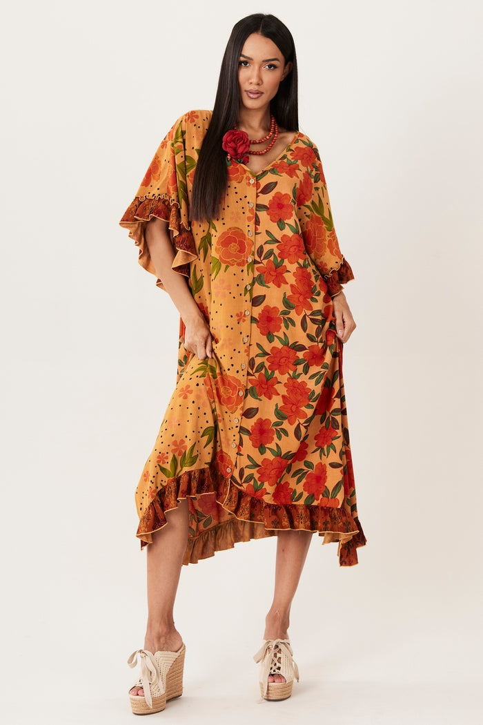 Yacamim I9 Light Brown Patchwork Midi Kaftan with 3/4 Sleeves