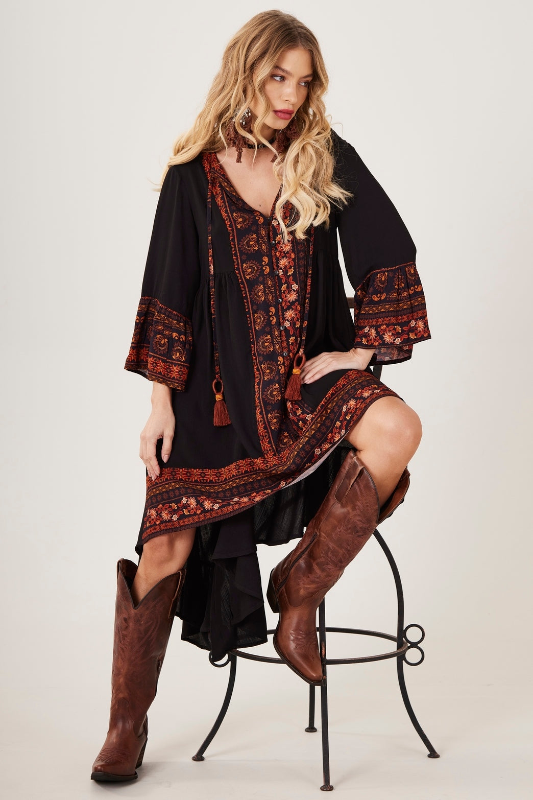 Yacamim D27 Black Printed Mullet Dress with 3/8 Sleeves