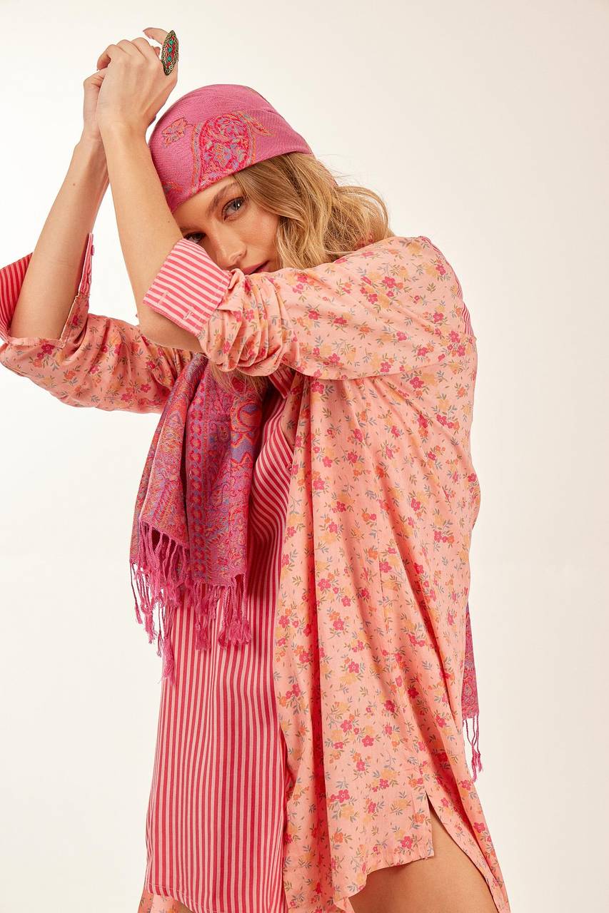 Yacamim Pink Striped Patchwork Loose Long Sleeve Shirt