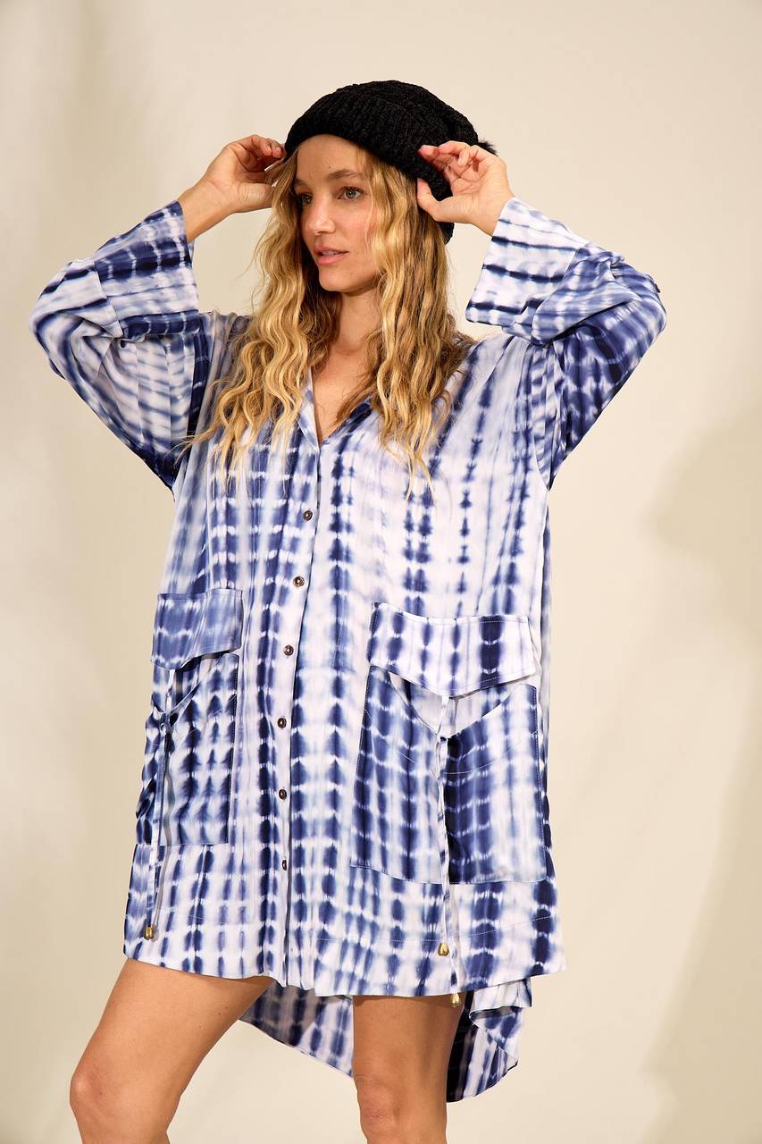 Yacamim Blue Tie-Dye Digital Print Oversized Hoodie Shirt