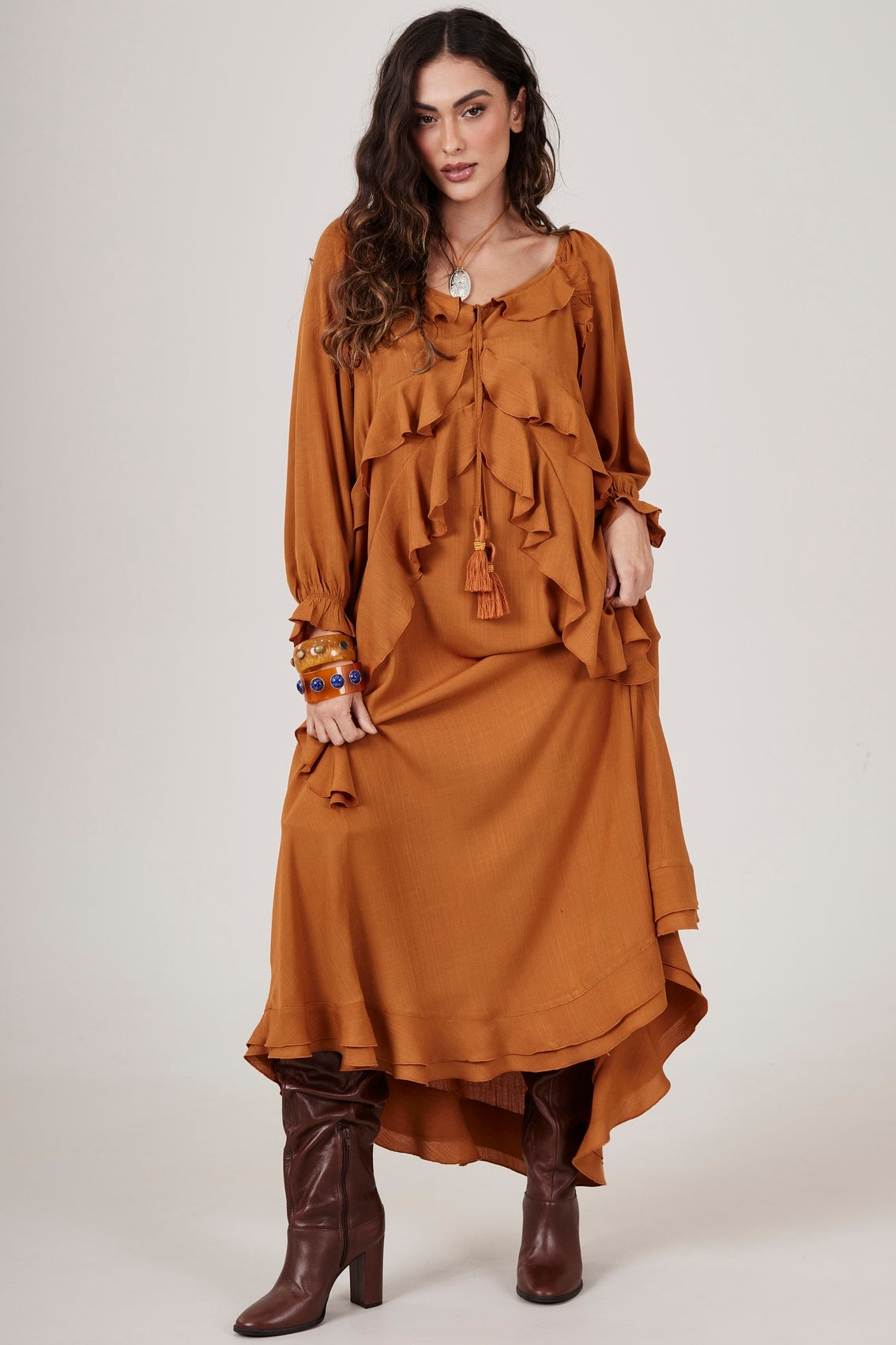 Yacamim D9 Plain Caramel Off-the-Shoulder Long Dress