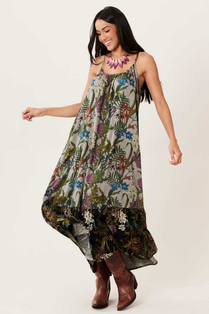 Yacamim Women's Grey and Black Ruffle Long Dress with Adjustable Straps C26