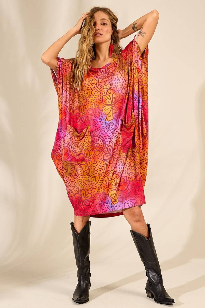 Yacamim Pink Printed Oversized Sweatshirt with Pouch Pocket B7