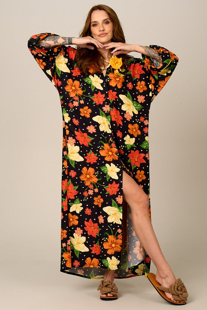 Yacamim N3 Black Floral Loose Long Shirt