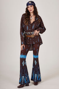 Yacamim A30 Dark Brown Flare Pants with Blue Paisley Print
