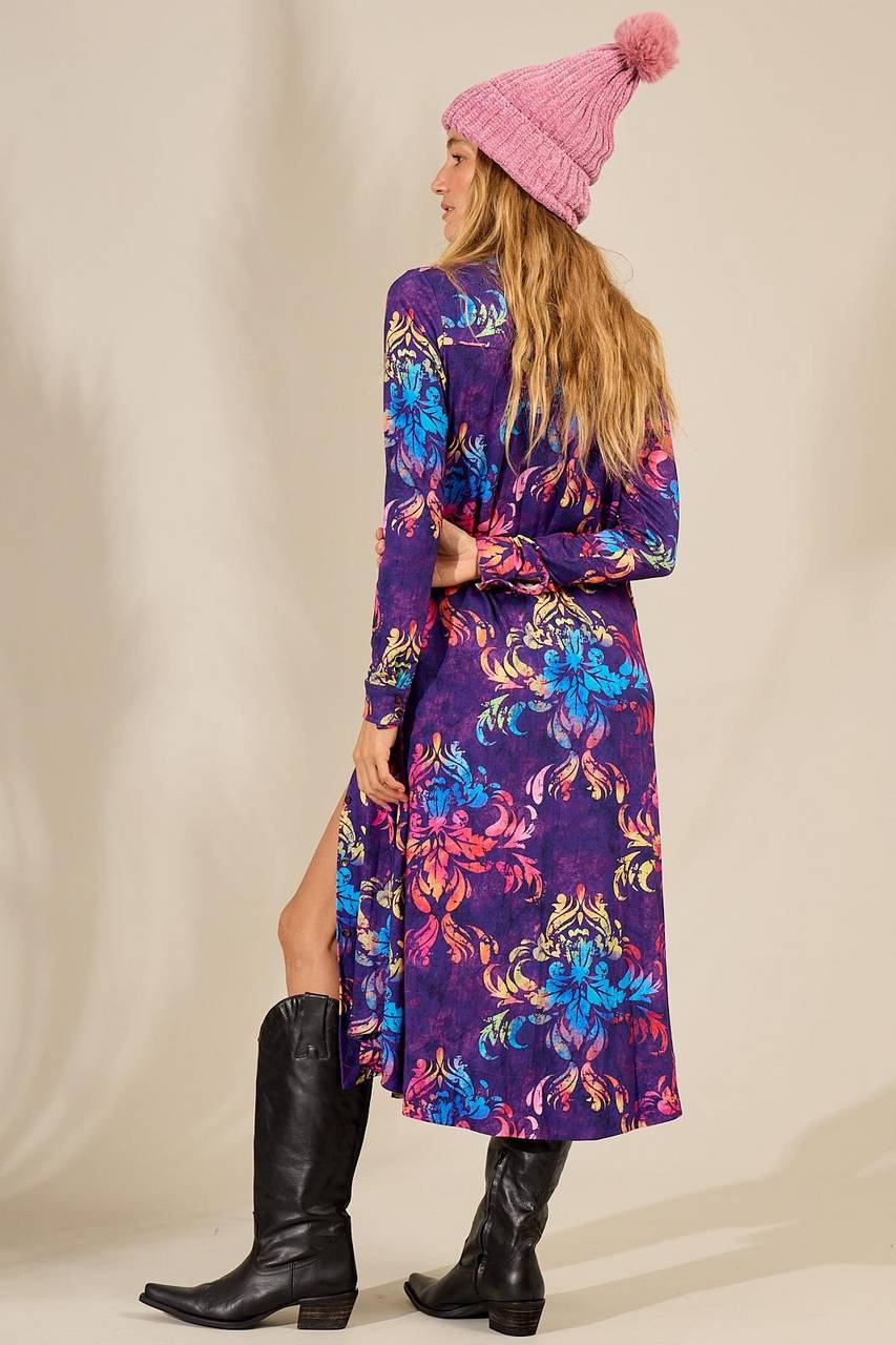 Yacamim Printed Purple Midi Dress with Fitted Long Sleeves