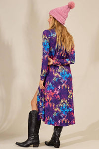 Yacamim Printed Purple Midi Dress with Fitted Long Sleeves