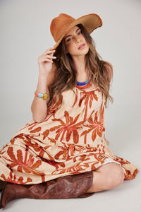 Yacamim C31 Dark Beige and Brown Palm Tree Print Midi Dress