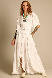 Yacamim White High-Waisted Ruffle Trousers A31
