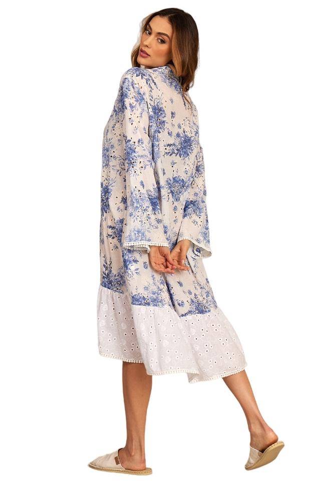 Blue and White Patchwork Broderie Midi Shirt Dress Yacamim D13