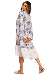 Blue and White Patchwork Broderie Midi Shirt Dress Yacamim D13
