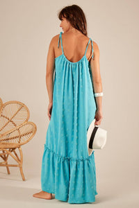 Textured Long Dress with Straps Tiffany Blue Yacamim