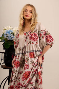 Long Printed Beige Yacamim Dress with Pom-Pom Drawstring