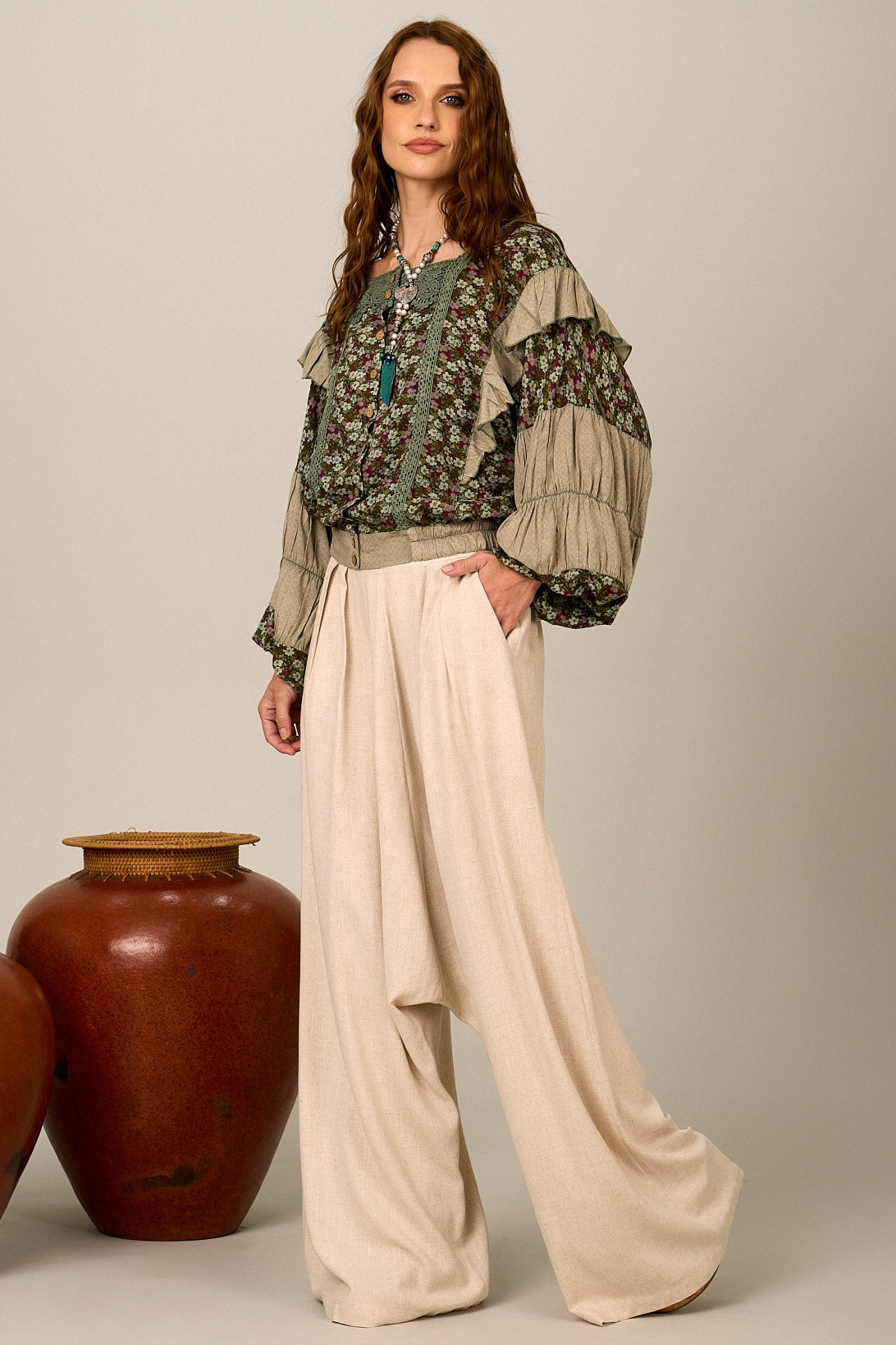 Yacamim I5 Natural Beige Linen Harem Pants
